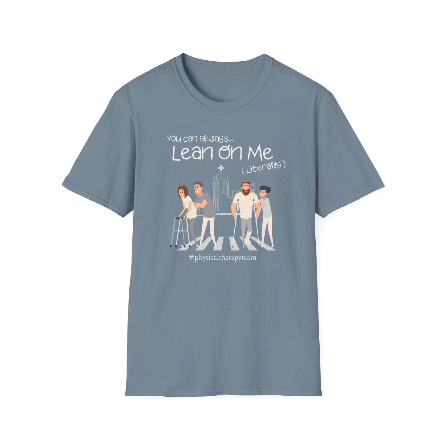 Physical therapy t shirt with illustration of people walking on a white background
