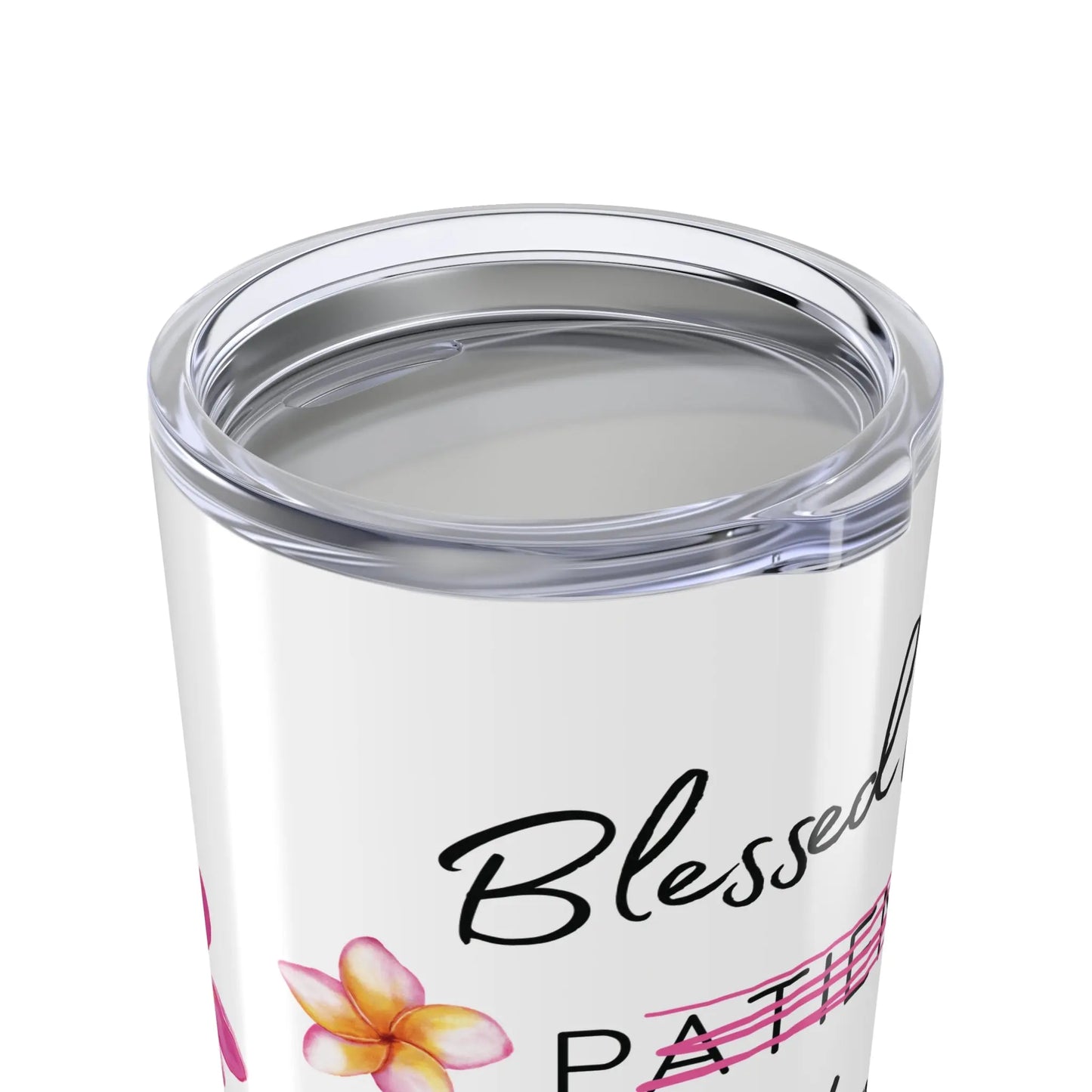 Clear lid on tumbler with floral design and 'Blessed' text on a white background