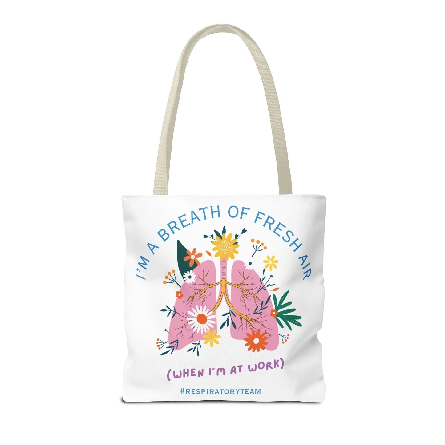 Tote bag with floral lungs logo and "Respiratory Team' text on a white background