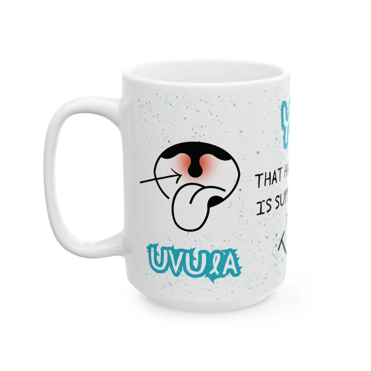 White mug with mouth logo and 'Uvula' text on a white background