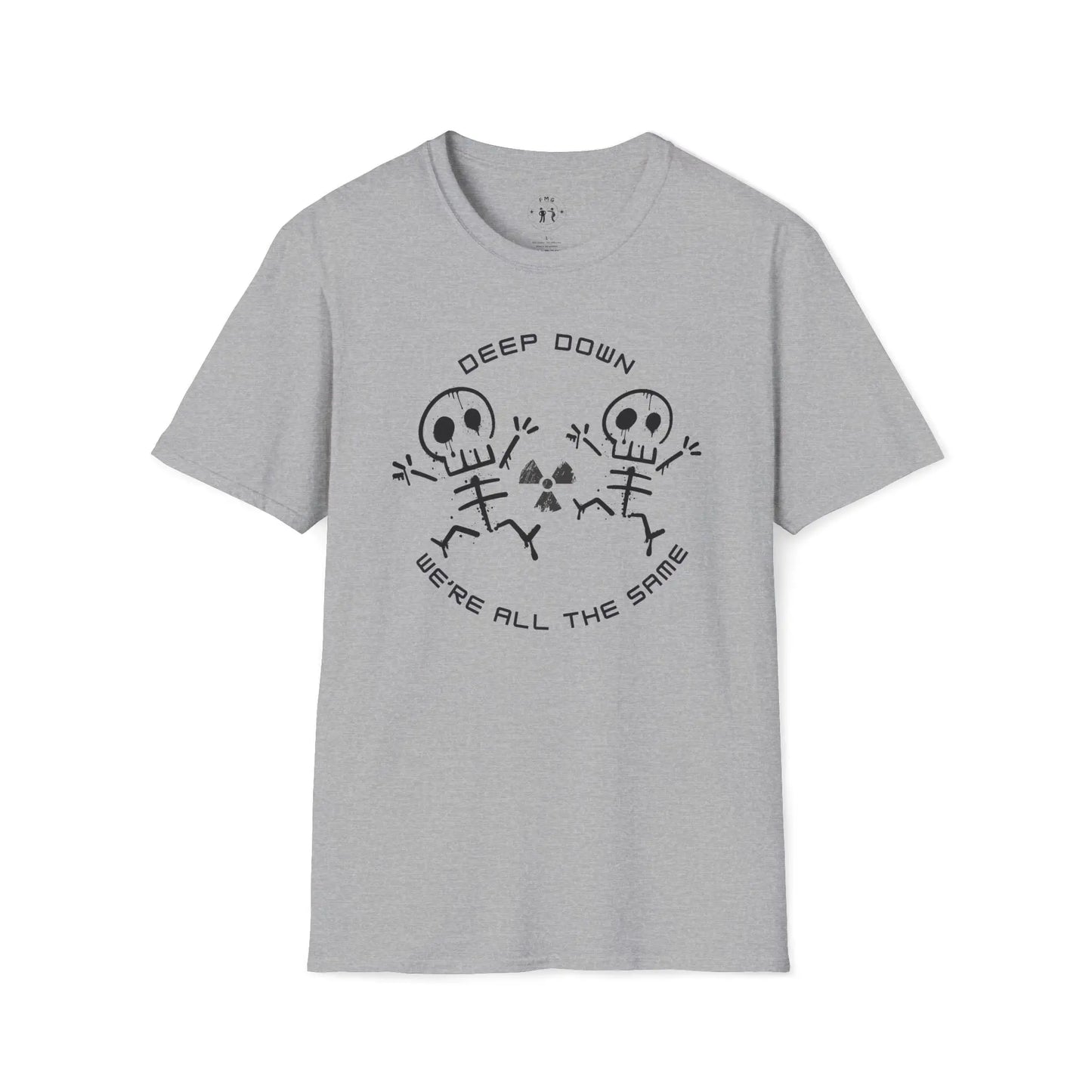 Gray t-shirt with skeleton design and "Deep Down We're All The Same' text on a white background