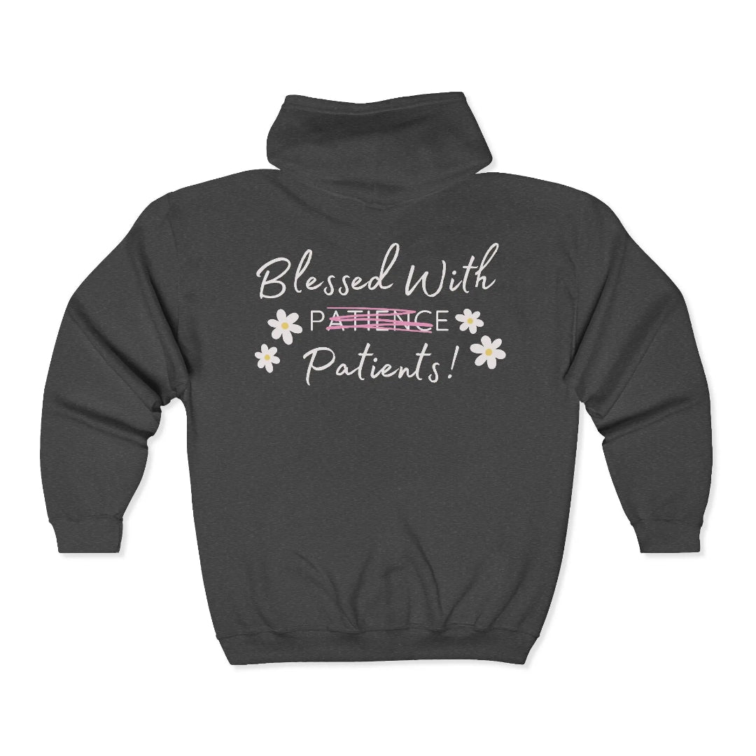 Gray hoodie with text 'Blessed With Patience Patients!' on a white background