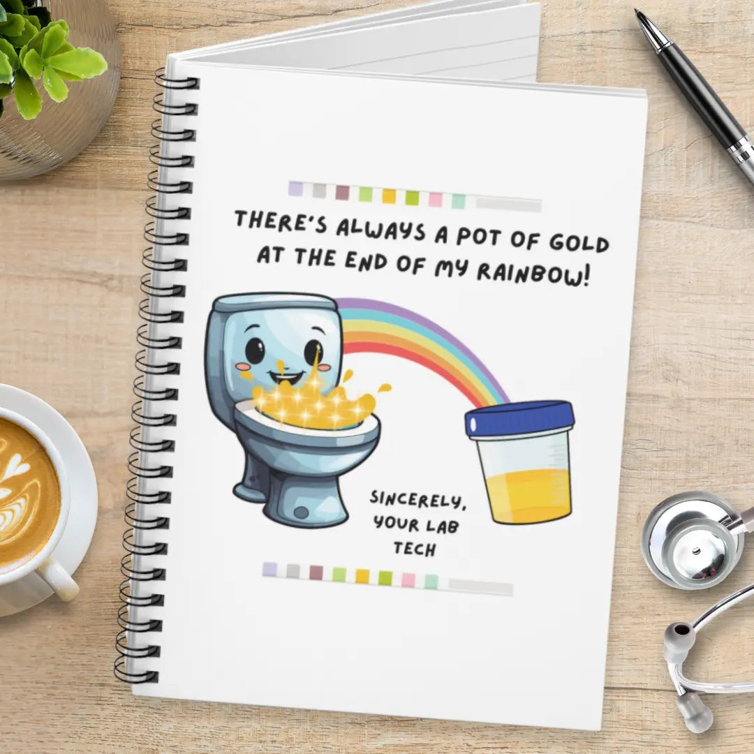 Notebook with illustration of a toilet and rainbow and 'There's Always A Pot Of Gold At The End Of My Rainbow' text placed on a wooden surface.