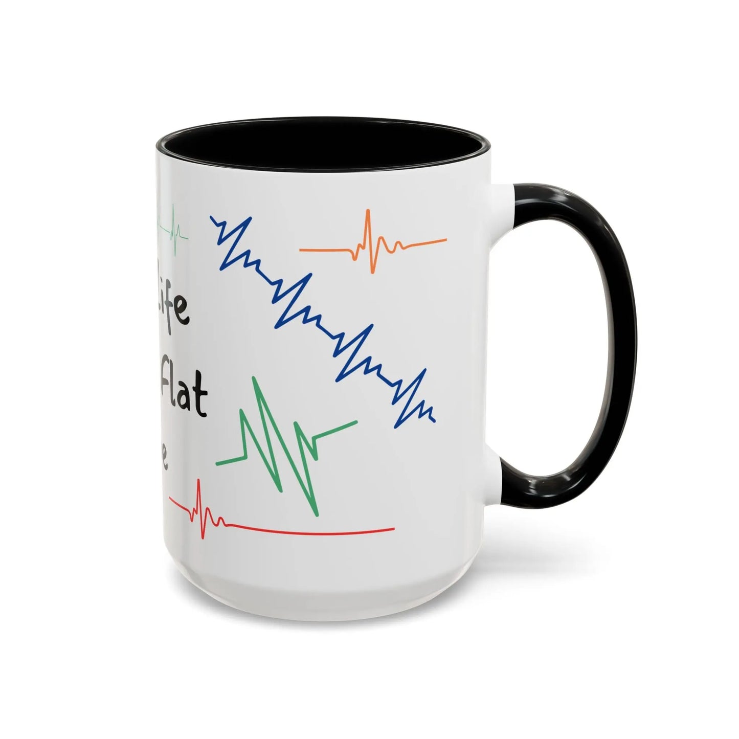 White mug with black interior and handle featuring colorful heartbeat lines on a white background