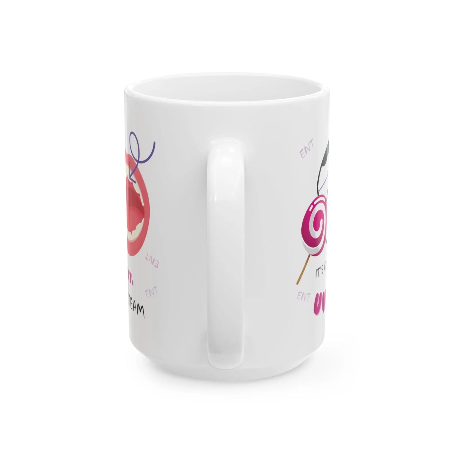 White mug with colorful graphics on a white background