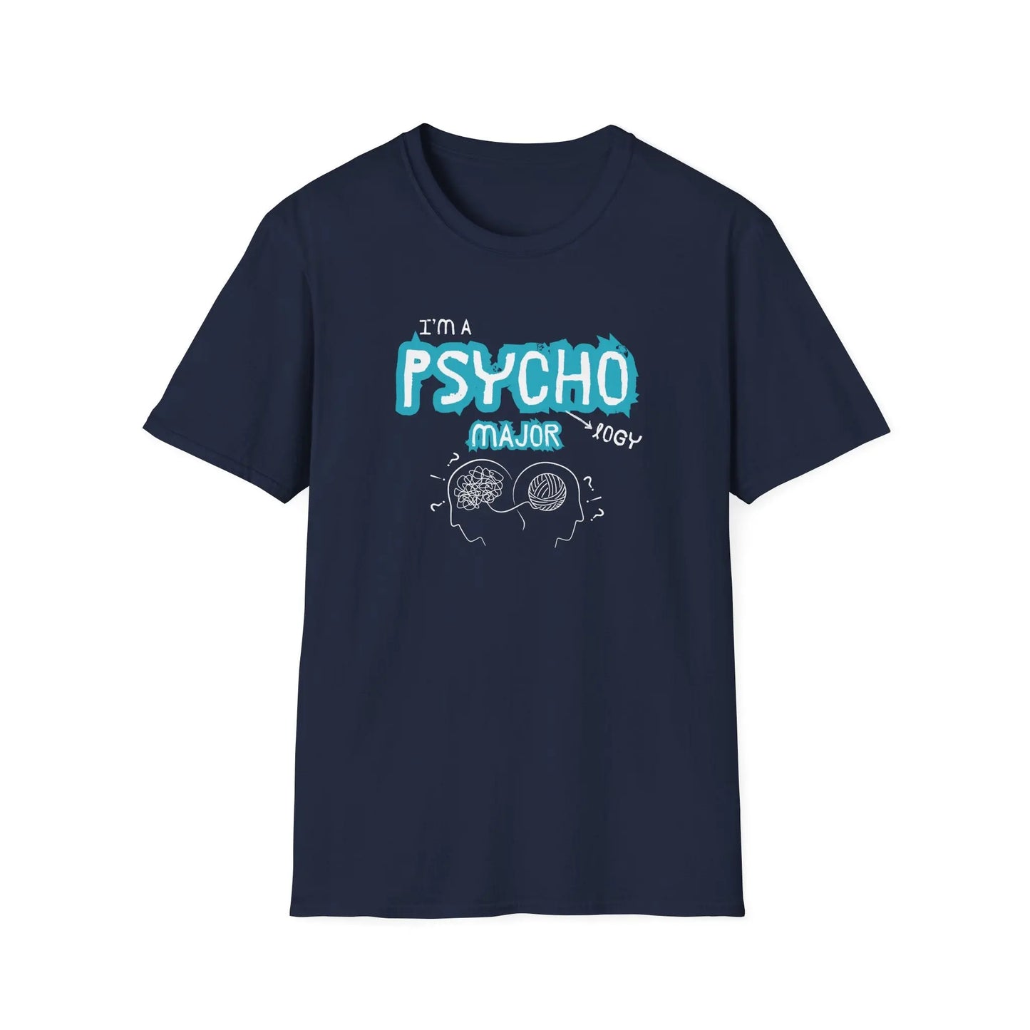 Navy blue t-shirt with 'I'm a Psychology Major' text and graphic on a white background