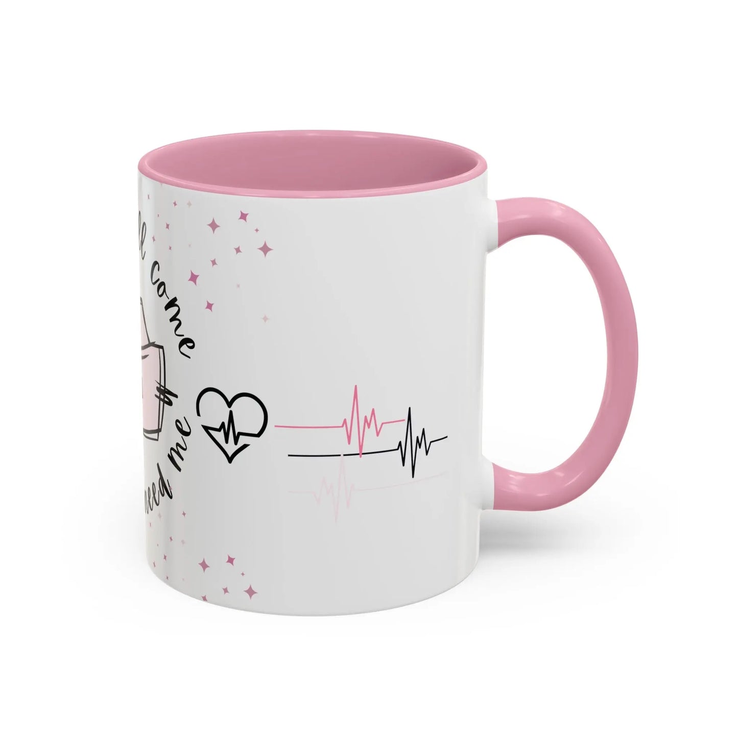 White mug with pink interior and handle featuring a heart design and text on a white background