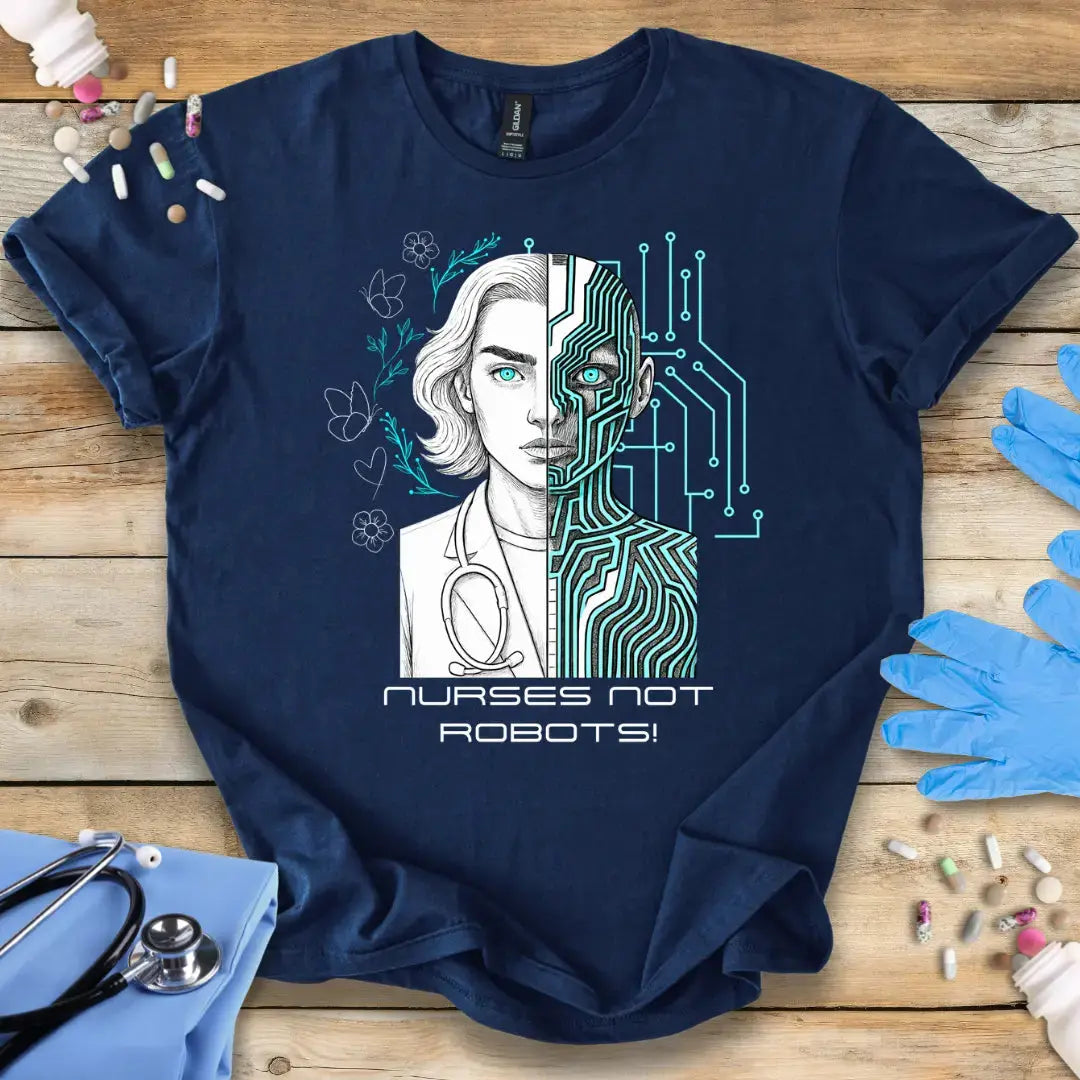 Navy blue t-shirt with a graphic design featuring a person with a circuit board overlay and 'Nurses Not Robots!' text, placed on a wooden surface with medical-themed items.