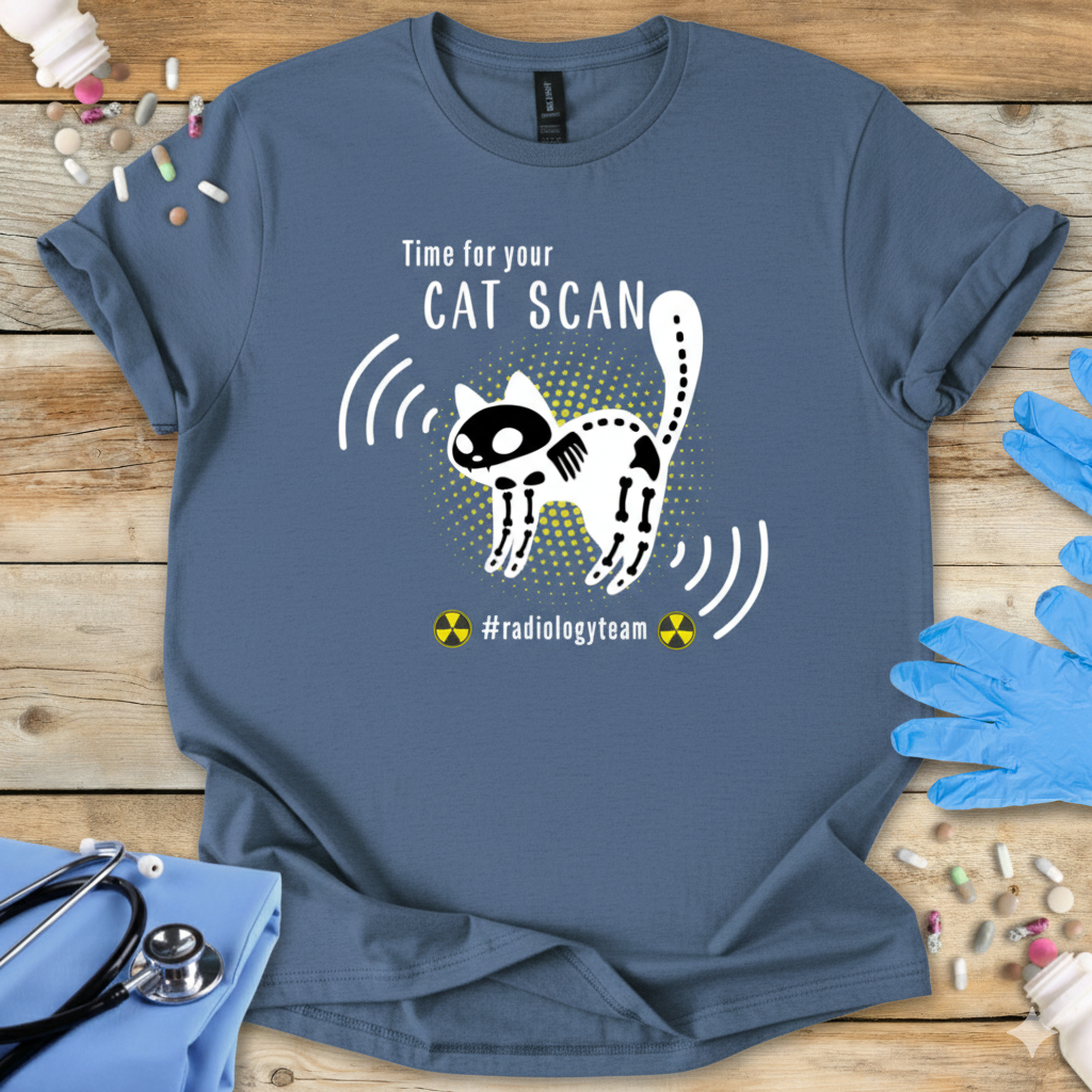 Blue t-shirt with a cat scan design on a wooden surface with medical-themed items.