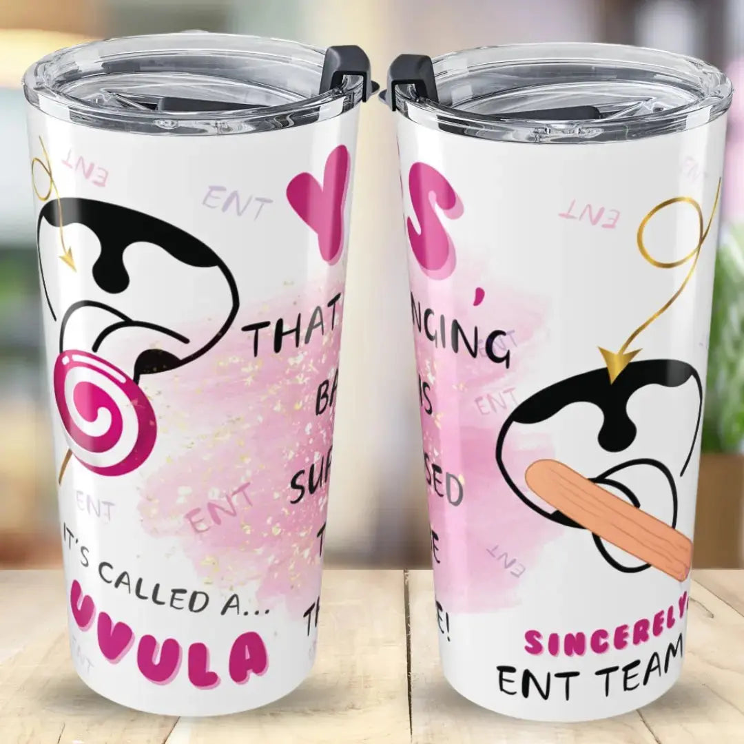 Two tumblers with humorous ENT designs and text on a blurred background