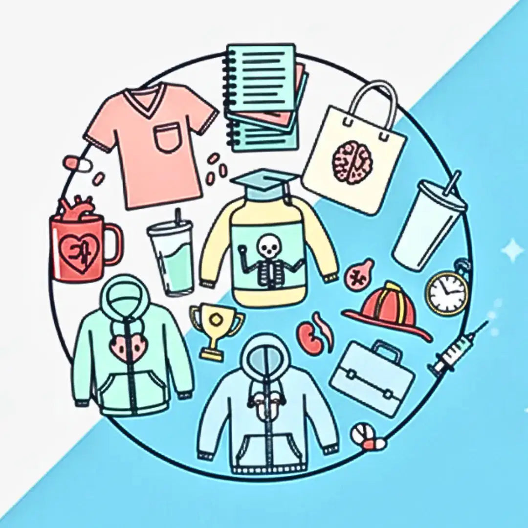 All-Products Funny Medical Gifts design including medical items in a circle with blue and white background