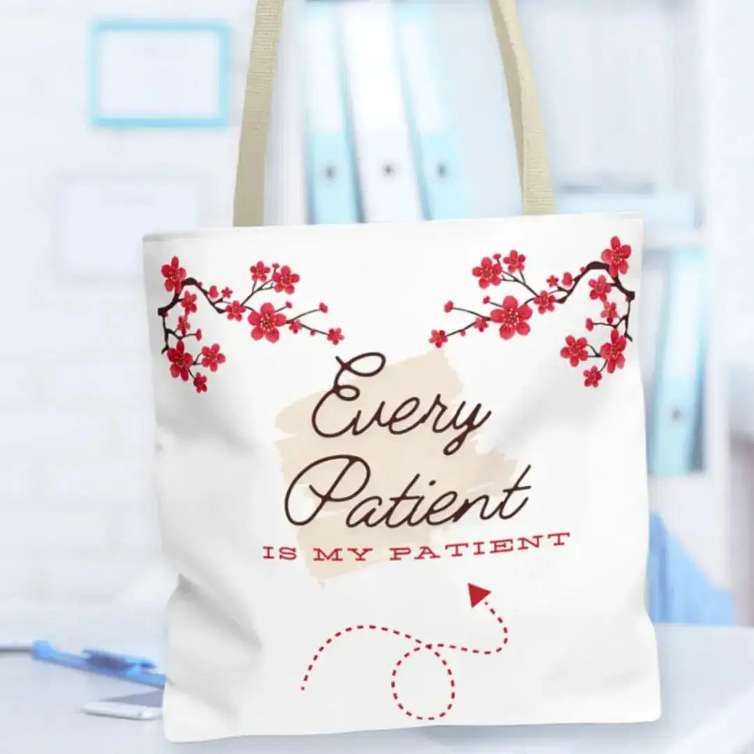 White medical tote bag on top of a white desk with medical office back ground