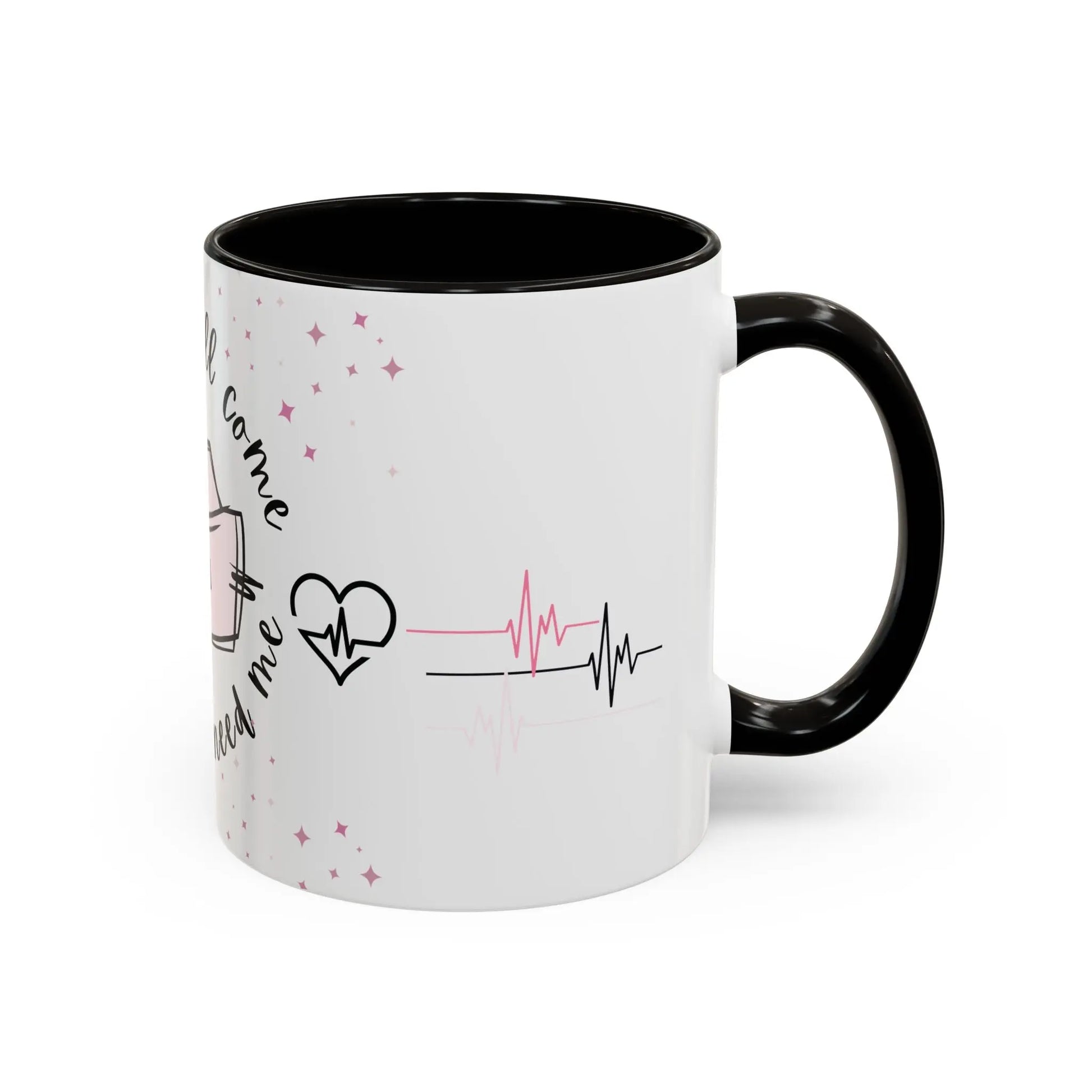 White mug with black handle featuring heart design and text on a white background