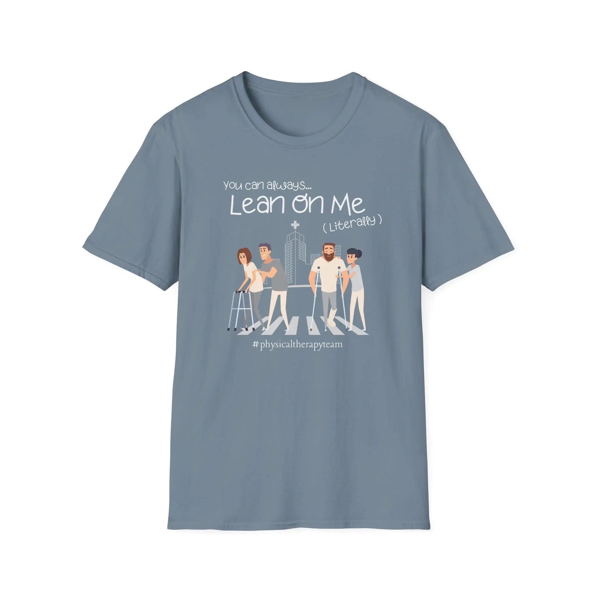 Physical therapy t shirt with illustration of people walking on a white background