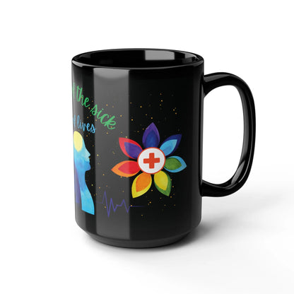 Black mug with colorful design featuring a flower and medical cross on a white background