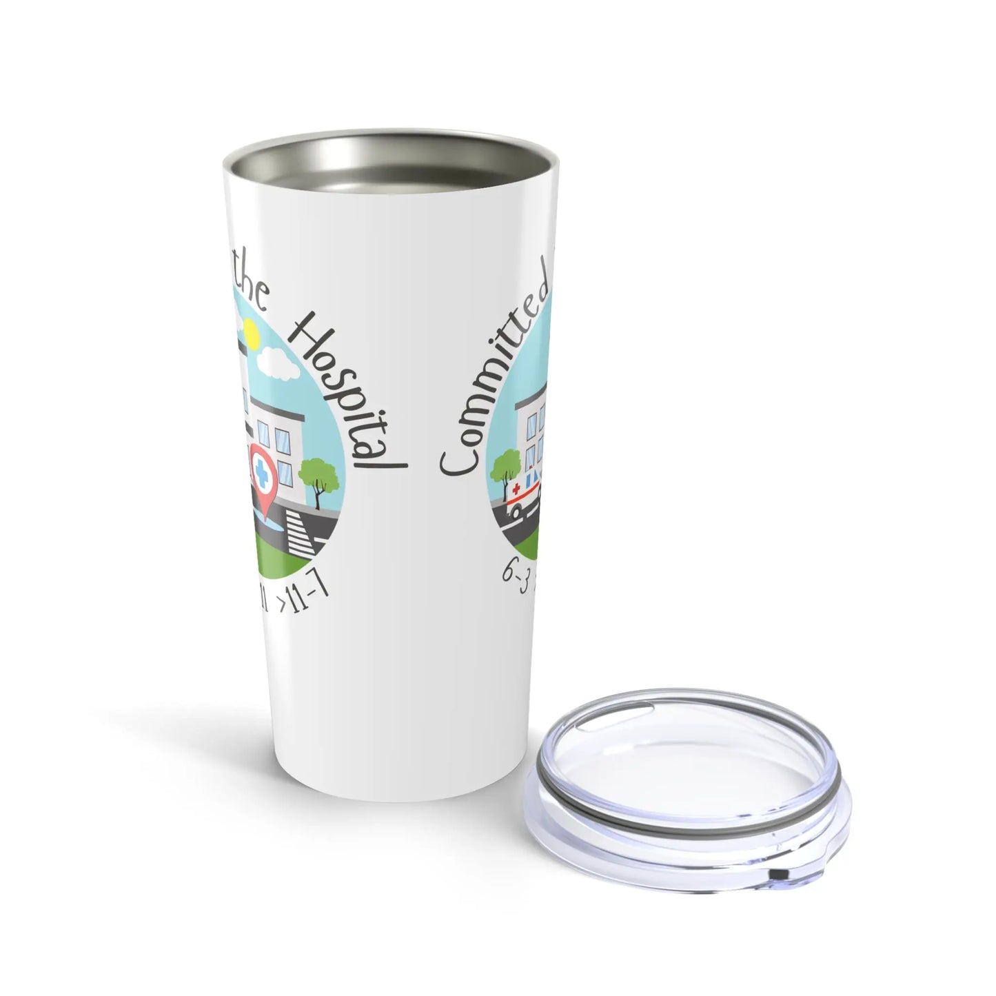 White tumbler with colorful medical graphics and text on a white background