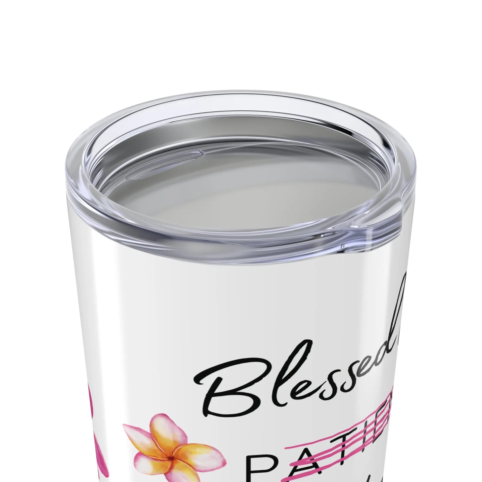 Clear lid on tumbler with floral design and 'Blessed' text on a white background