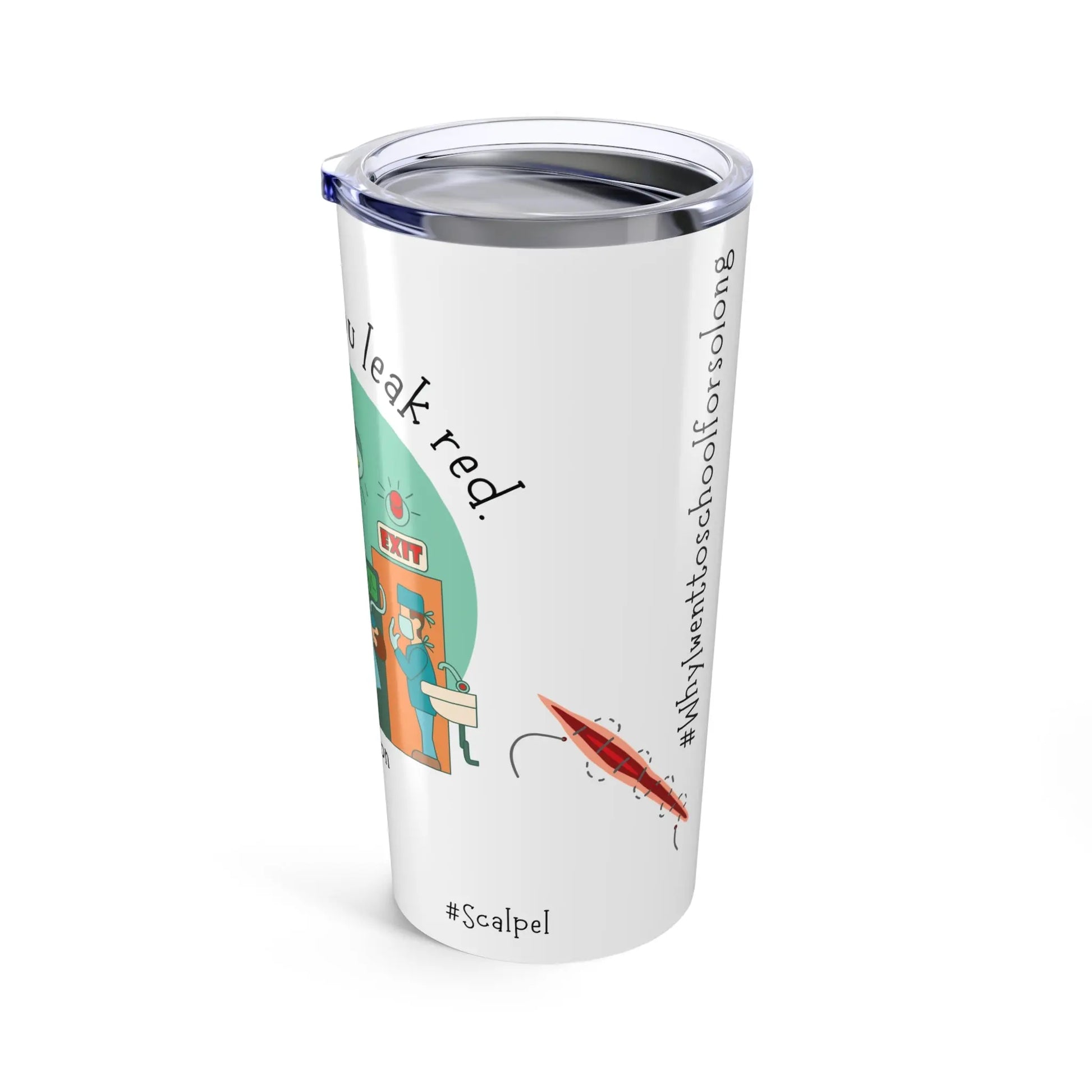 White tumbler with colorful design and 'Scalpel' text on a white background