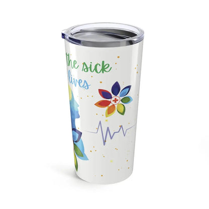 Tumbler with colorful design and text on a white background