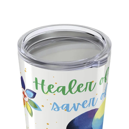 Clear tumbler with colorful designs and text on a white background