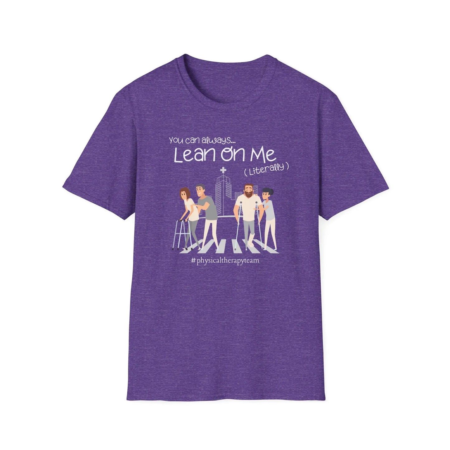 Purple Physical therapy t shirt with illustration of people walking on a white background