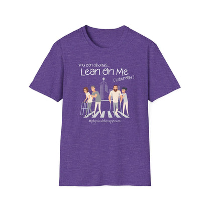 Purple Physical therapy t shirt with illustration of people walking on a white background