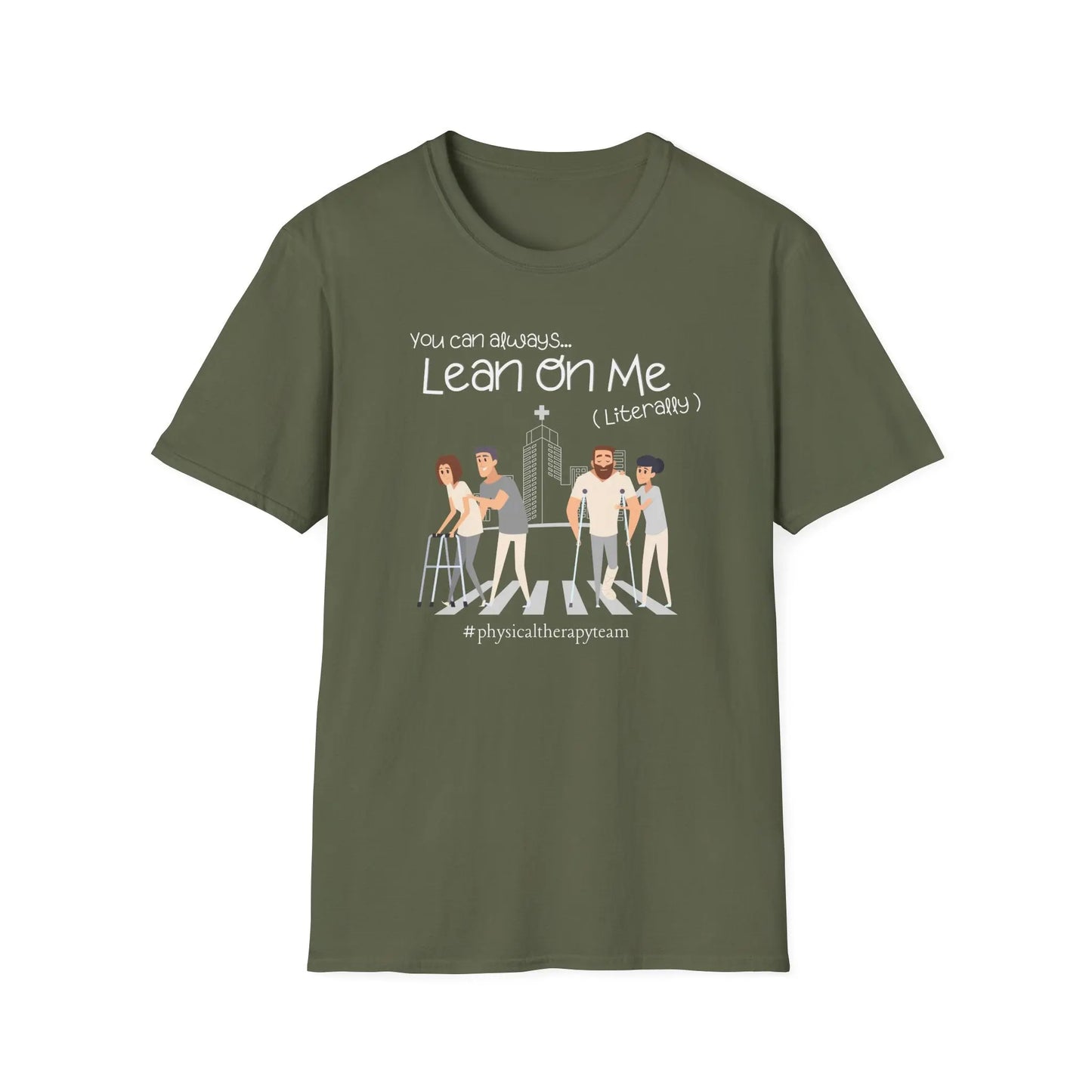 Military Green Physical therapy t shirt with illustration of people walking on a white background