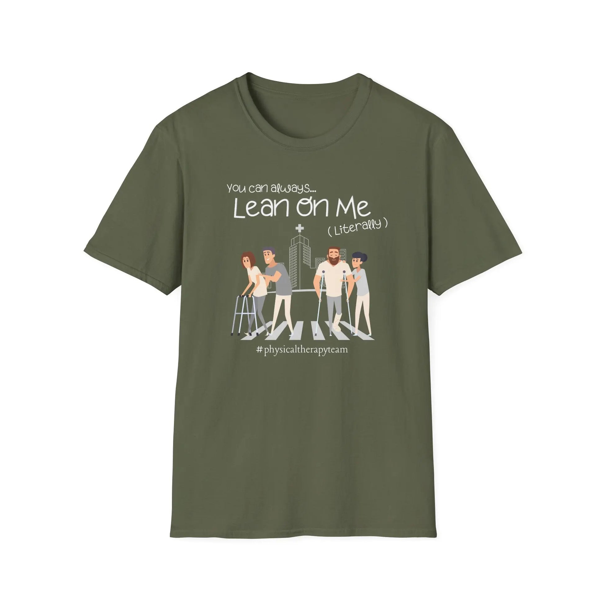 Military Green Physical therapy t shirt with illustration of people walking on a white background