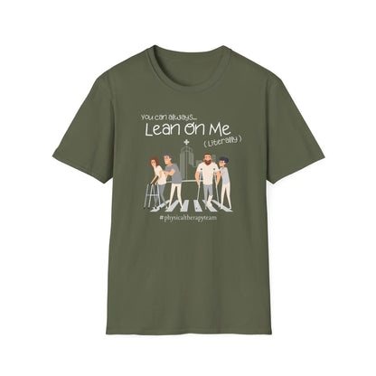Military Green Physical therapy t shirt with illustration of people walking on a white background