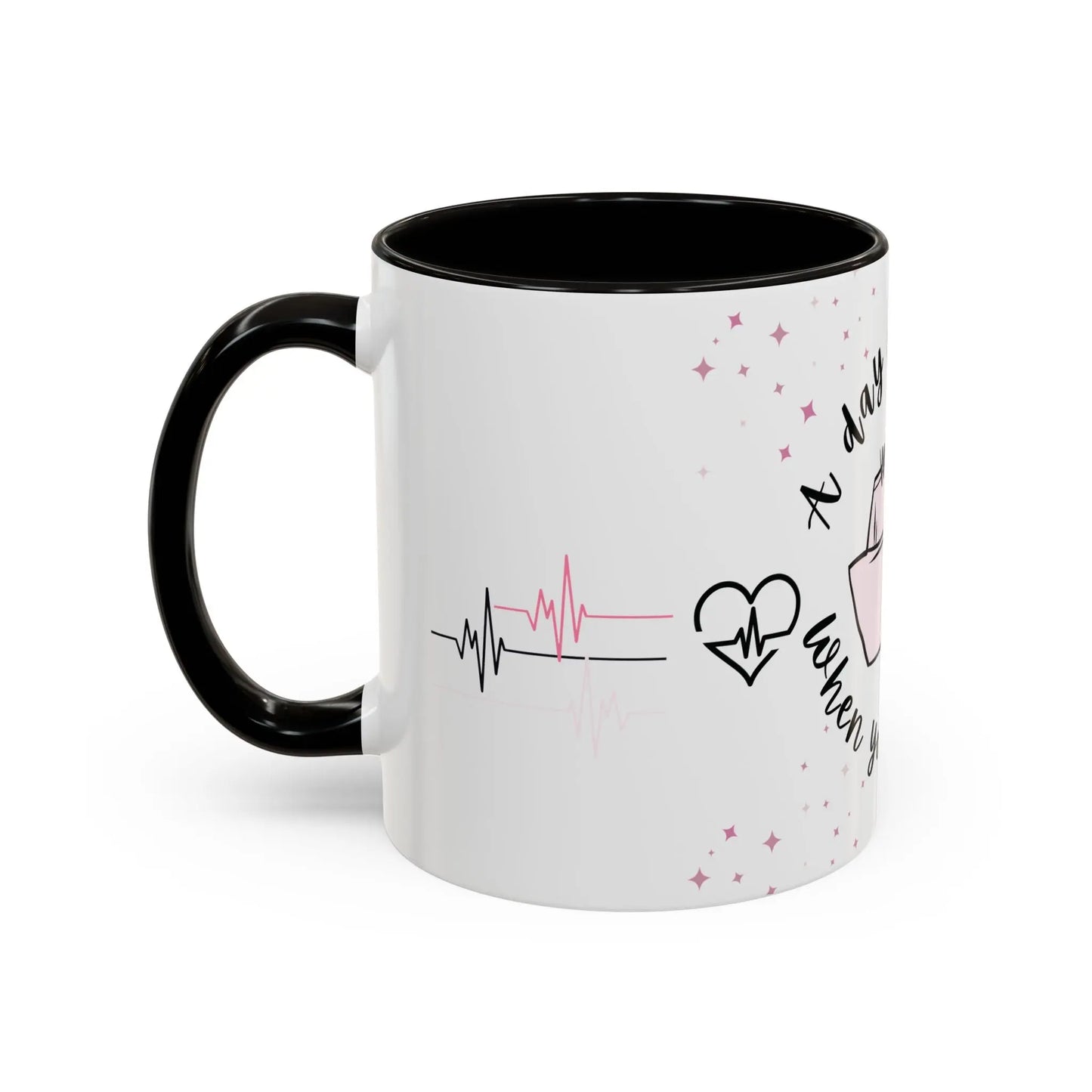 White mug with black handle featuring heart rate and heart designs on a white background