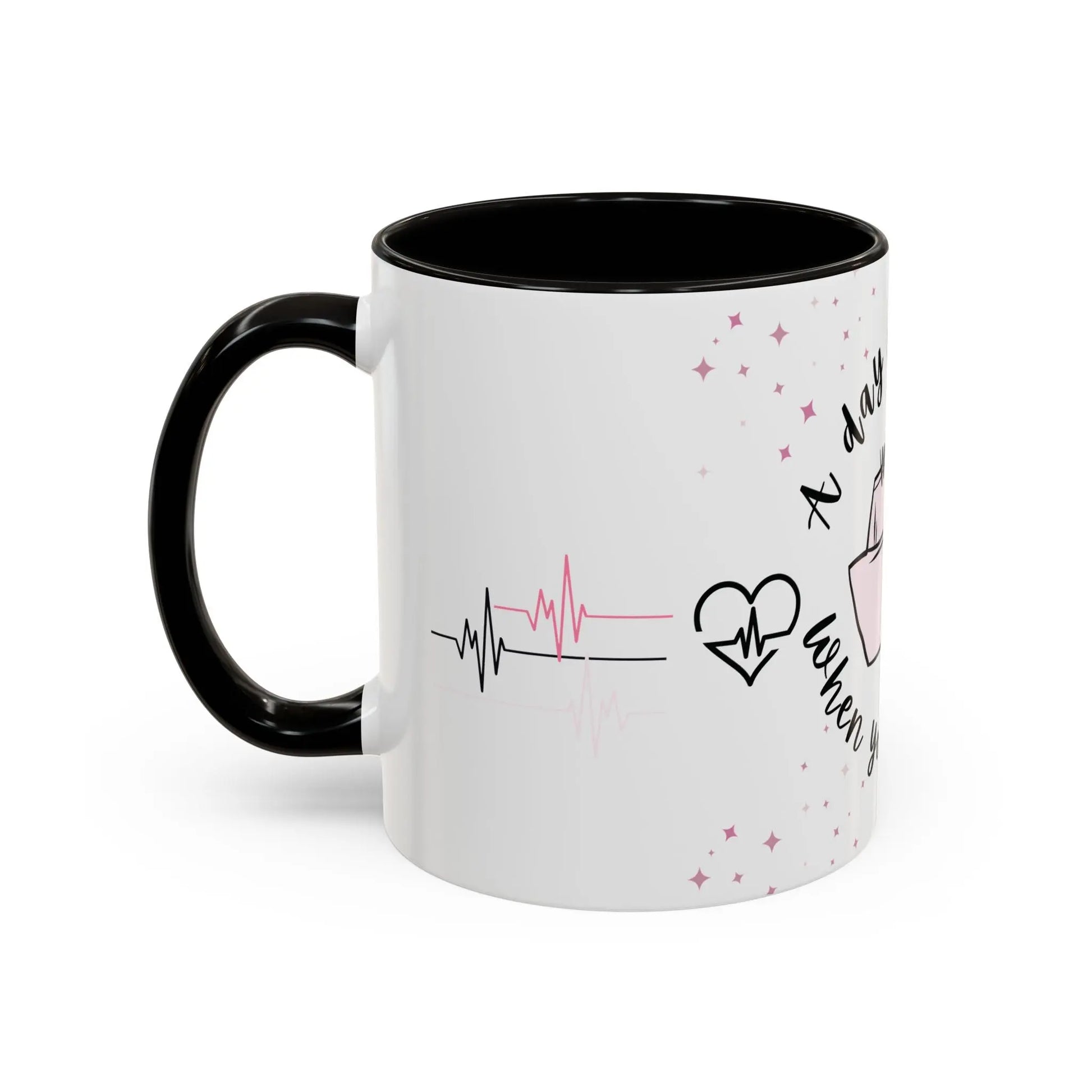White mug with black handle featuring heart rate and heart designs on a white background
