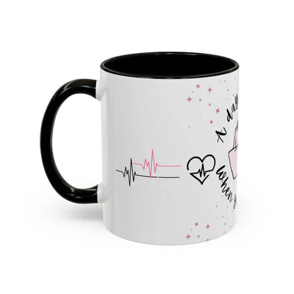 White mug with black handle featuring heart rate and heart designs on a white background