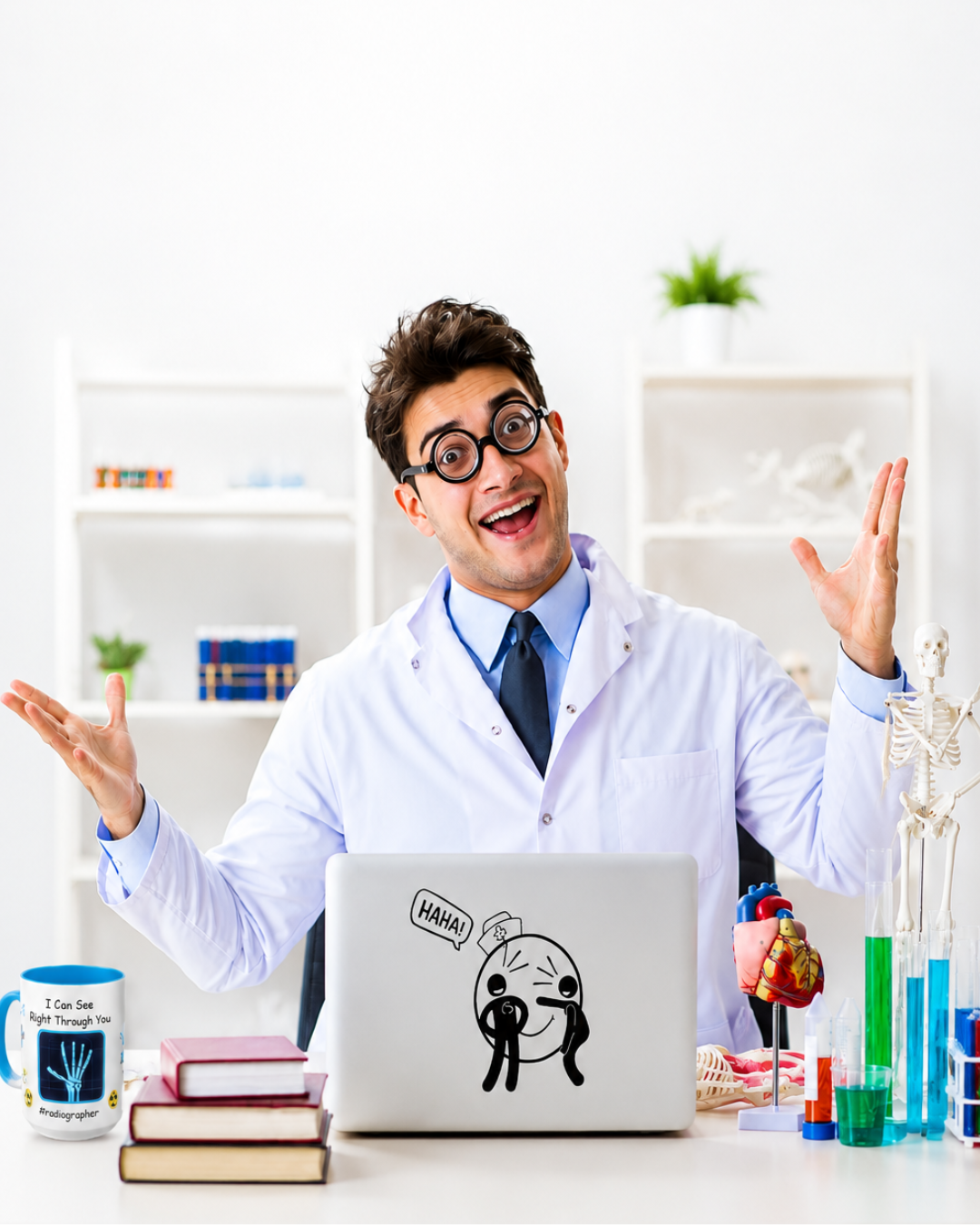 Doctor laughing at his desk with medical items on the desk.