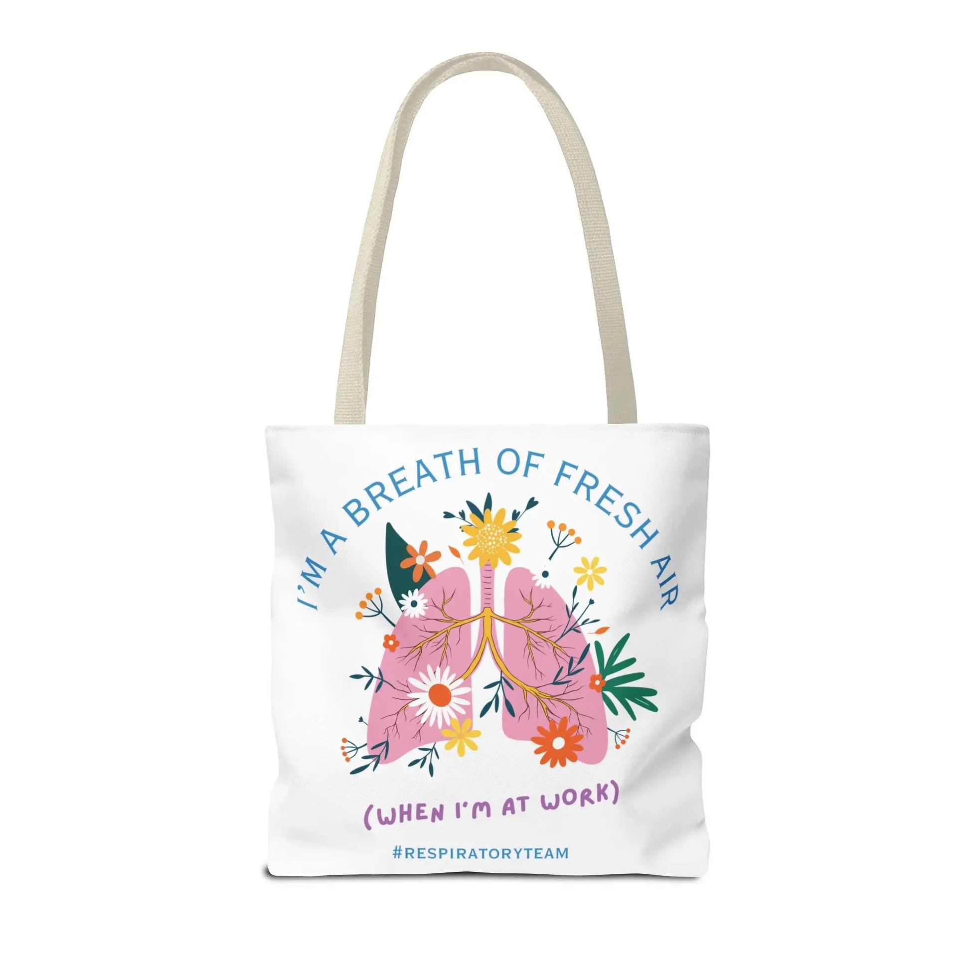 Tote bag with floral lungs logo and "Respiratory Team' text on a white background
