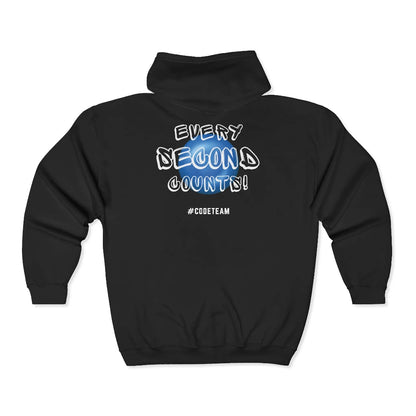 Black hoodie with text 'Every Second Counts! #CODETEAM' on a white background