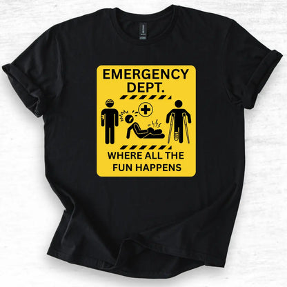 Black t-shirt with a yellow emergency department logo and 'Emergency department Where all the fun happens' text on a light gray background