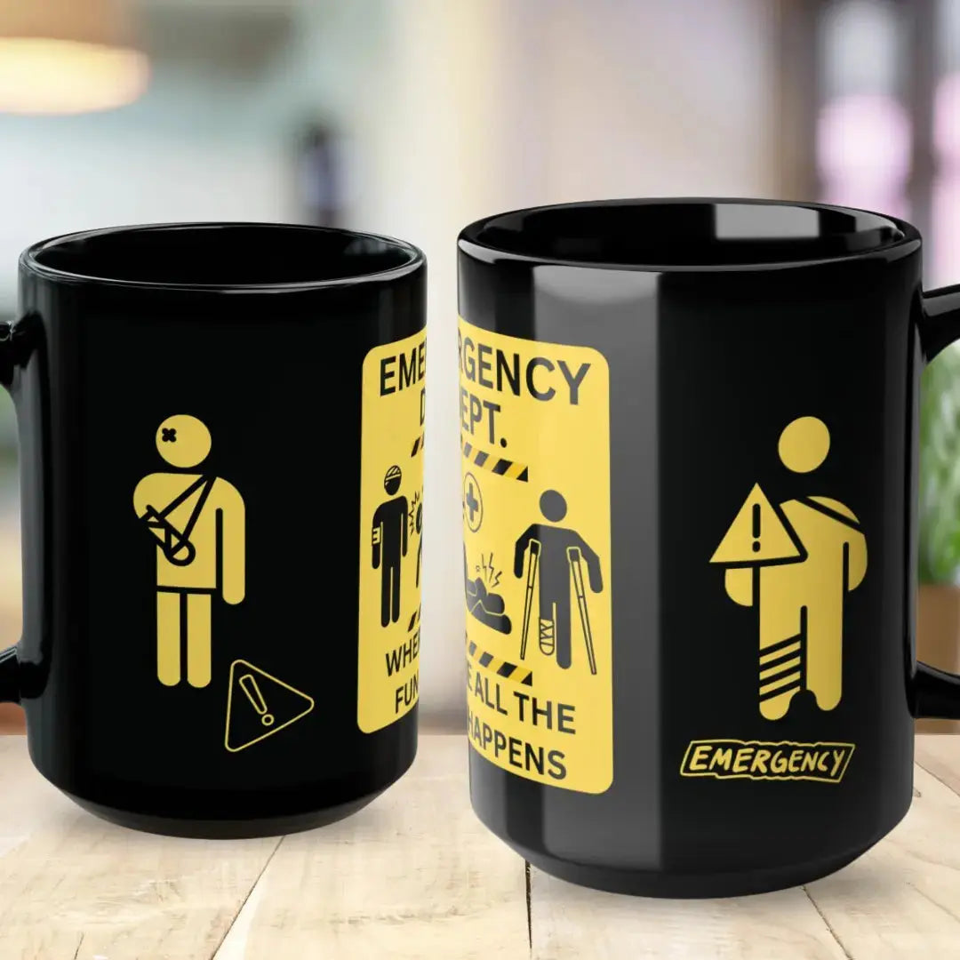 Two black mugs with yellow emergency-themed designs on a wooden surface.