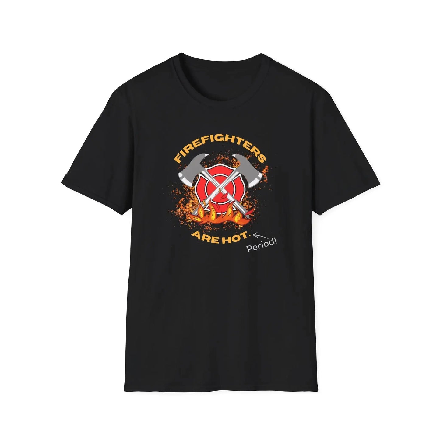 Black T-Shirt with a text FIrefighters are hot period with flame and double axe cross