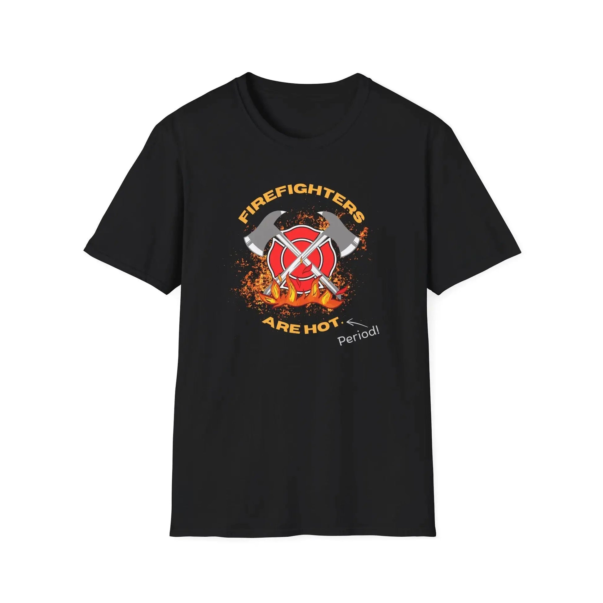 Black T-Shirt with a text FIrefighters are hot period with flame and double axe cross