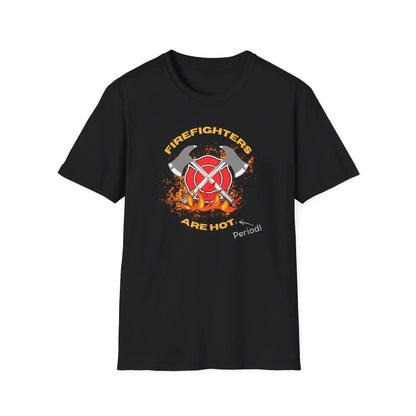 Black T-Shirt with a text FIrefighters are hot period with flame and double axe cross