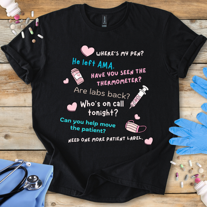 Black t-shirt with humorous medical-themed text on a wooden surface with medical accessories.