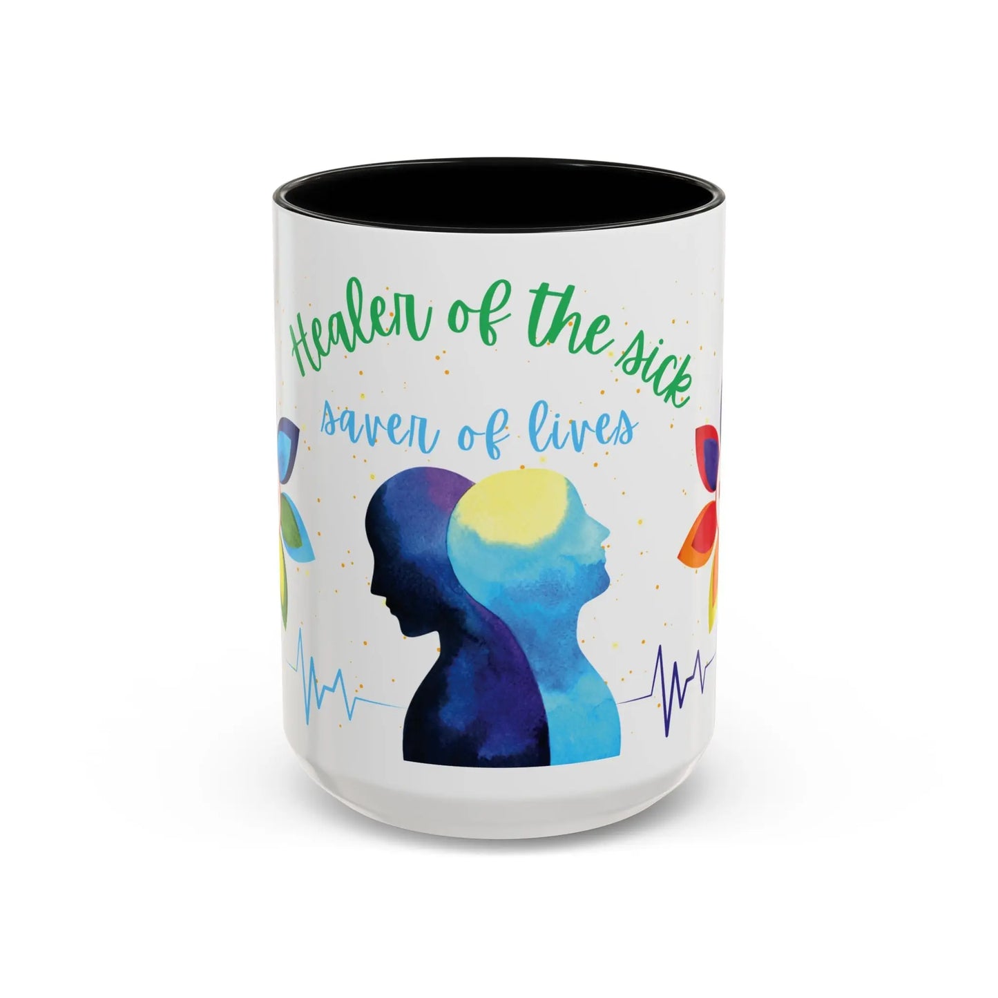 White mug with colorful design and 'Healer-Of-The-Sick-Saver-Of-Lives' text on a white background