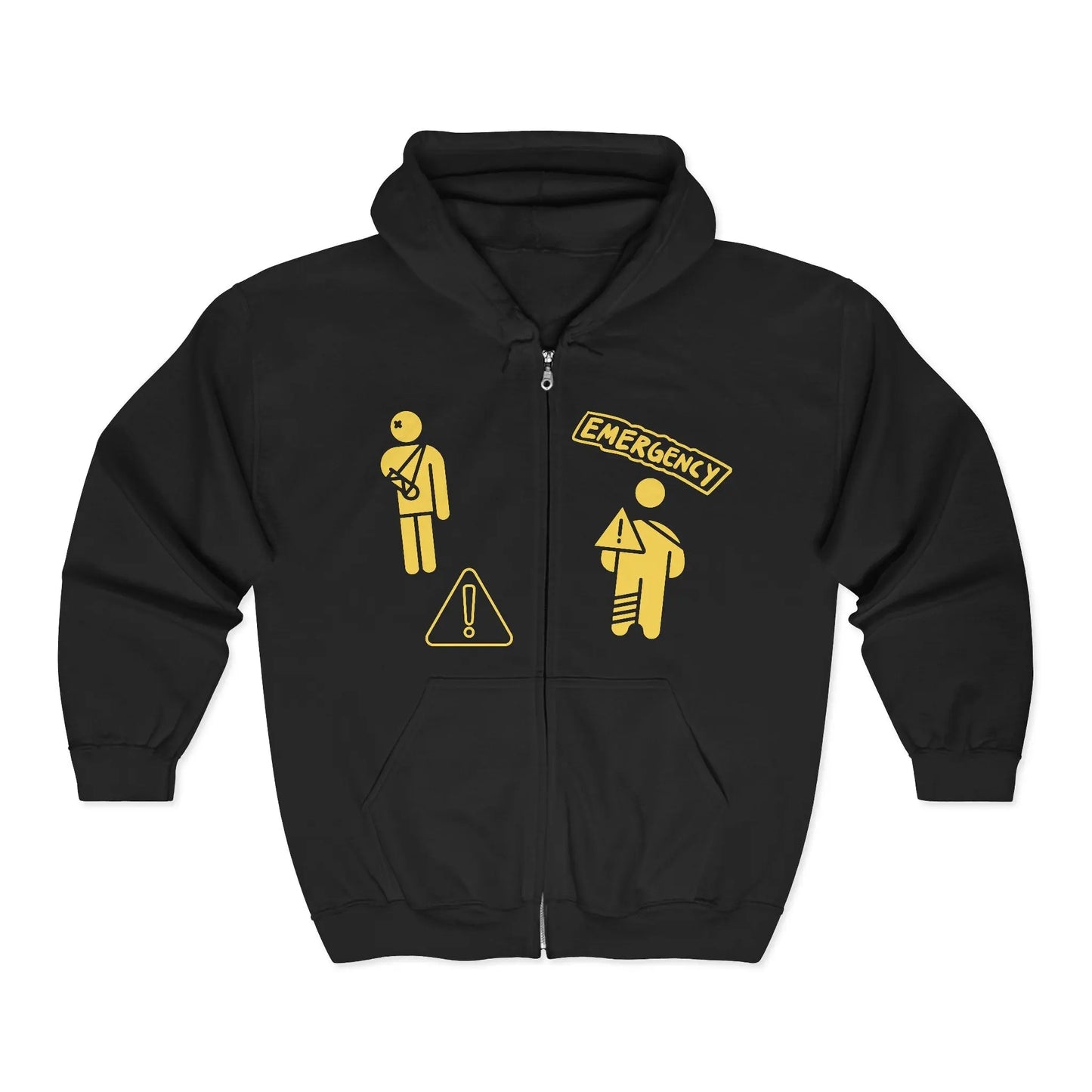Black hoodie with yellow emergency graphics on a white background