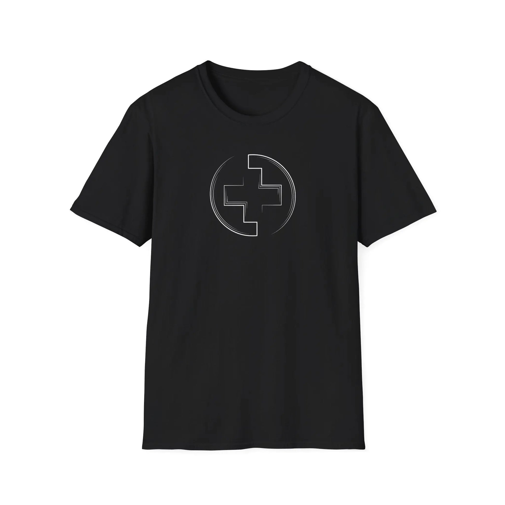 Black t-shirt with a medical cross on a white background
