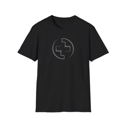Black t-shirt with a medical cross on a white background