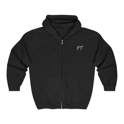 Black hoodie with 'PT' logo on a white background