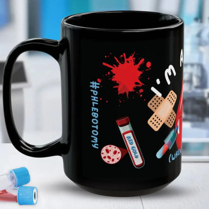 Black mug with phlebotomy-themed design on a blurred background