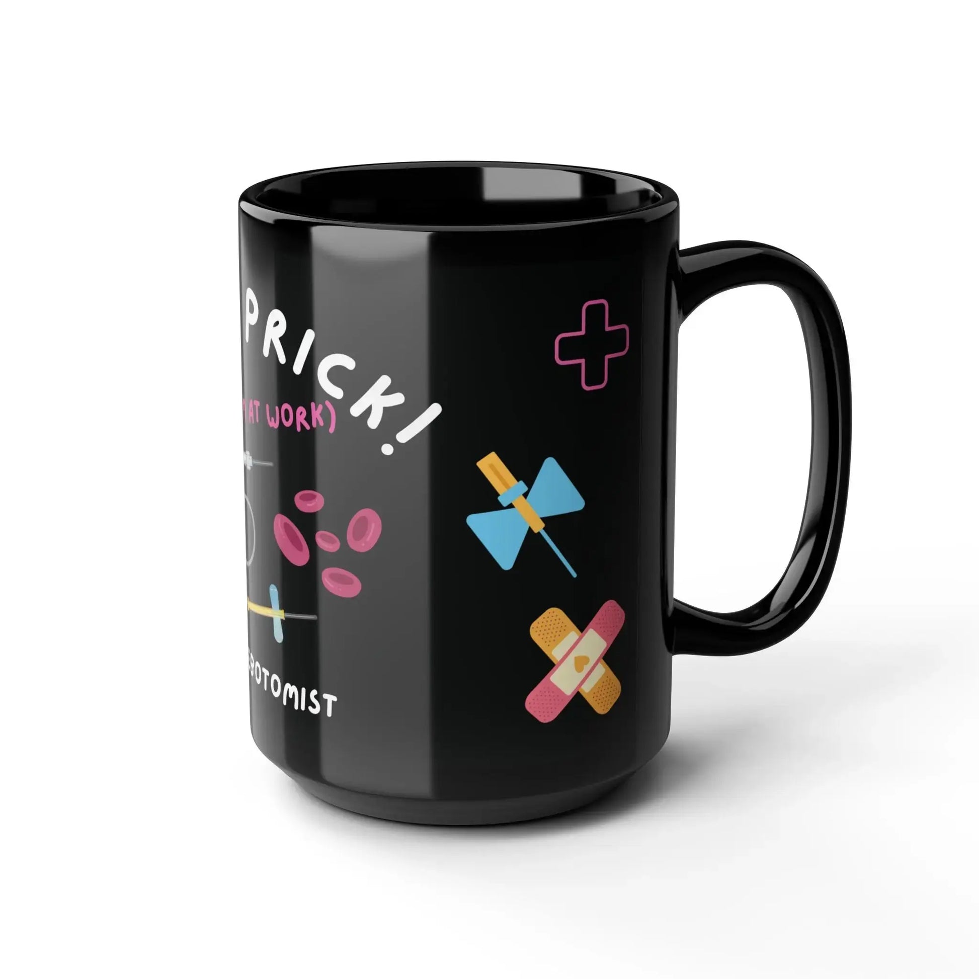 Black mug with colorful Phlebotomy designs and text on a white background