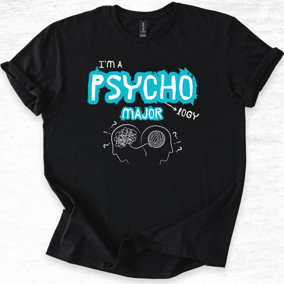 Black t-shirt with 'I'm a Psychology Major' text on a white background