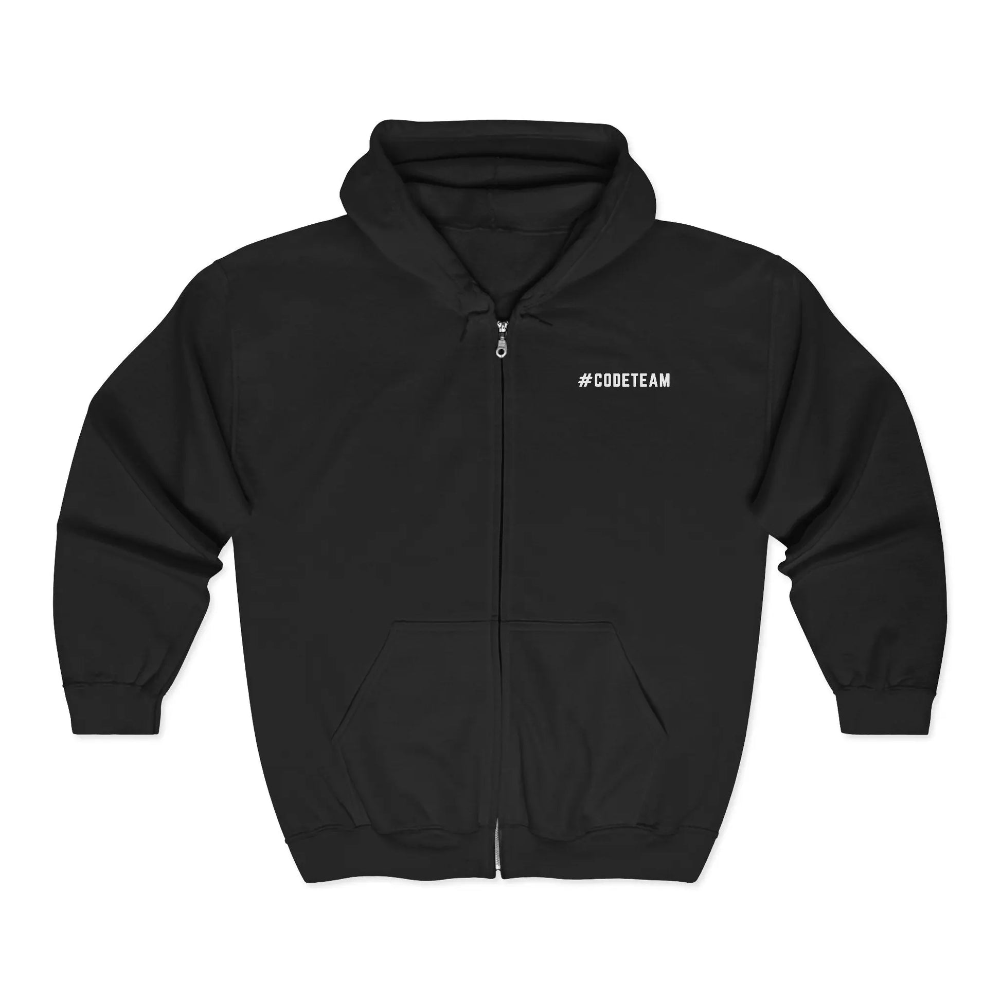 Black hoodie with '#CODETEAM' text on a white background
